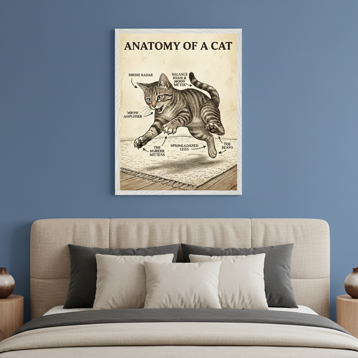 Modern bedroom with a beige upholstered bed. A framed "ANATOMY OF A CAT" poster, depicting a sepia-toned humorous diagram of a jumping cat with playful labels, hangs centered on the blue wall above the bed.