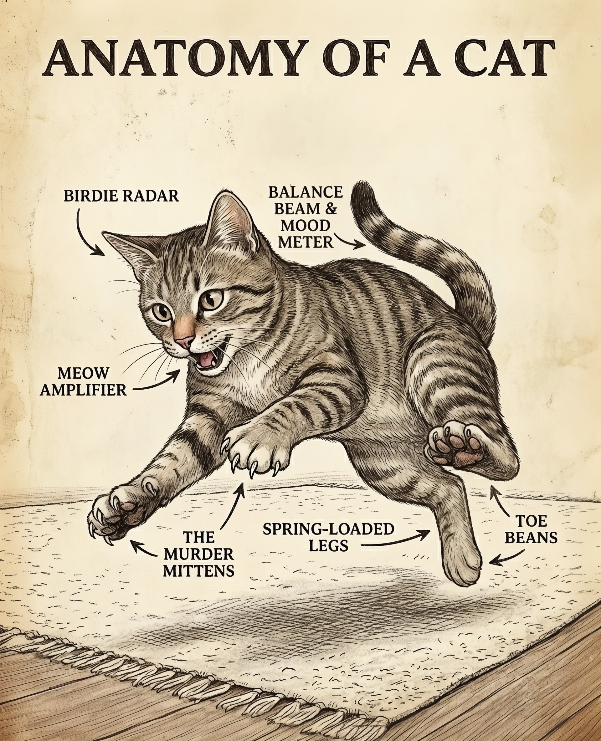A humorous and detailed illustration of a cat in mid-motion, labeled with features like "Meow Amplifier," "Murder Mittens," and "Toe Beans." The playful design brings a fun and lighthearted touch to any room, especially for cat lovers of all ages.
