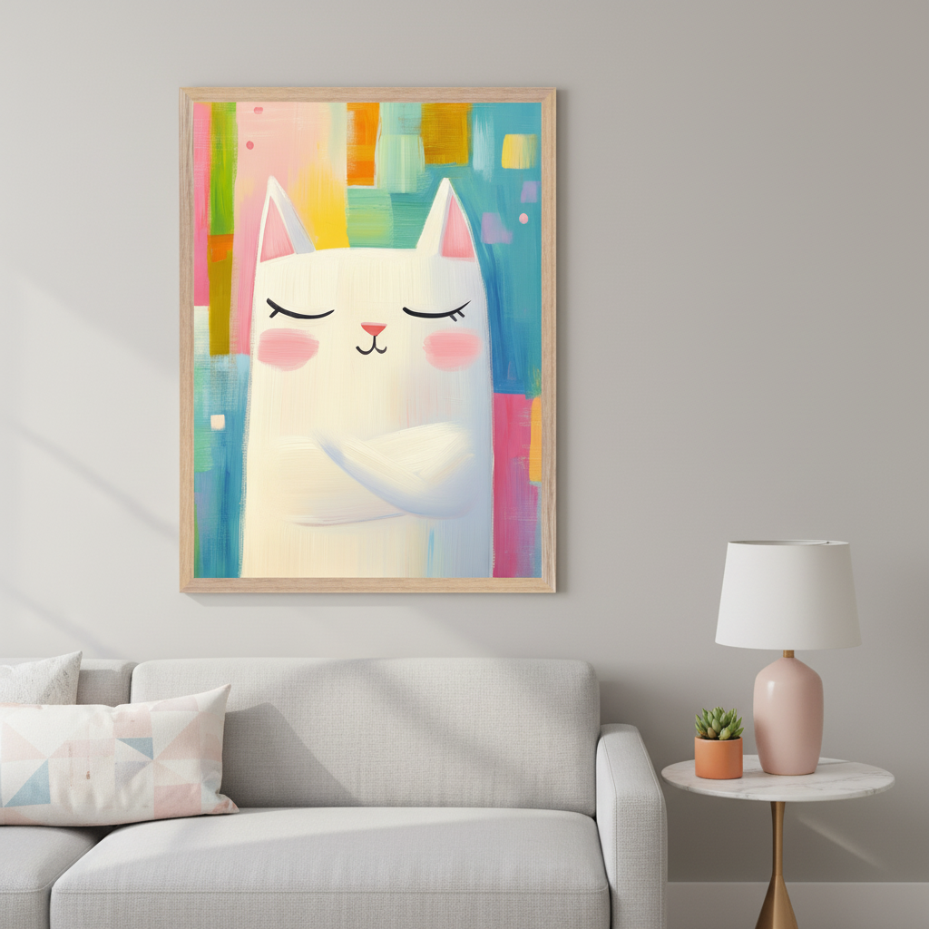 Modern bedroom with a blue upholstered bed and pink bedding. A framed painting of a white cat with closed eyes and crossed arms against a colorful abstract background hangs centered above the bed.