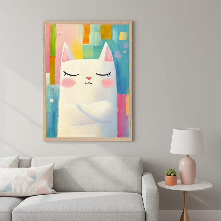 Modern bedroom with a blue upholstered bed and pink bedding. A framed painting of a white cat with closed eyes and crossed arms against a colorful abstract background hangs centered above the bed.