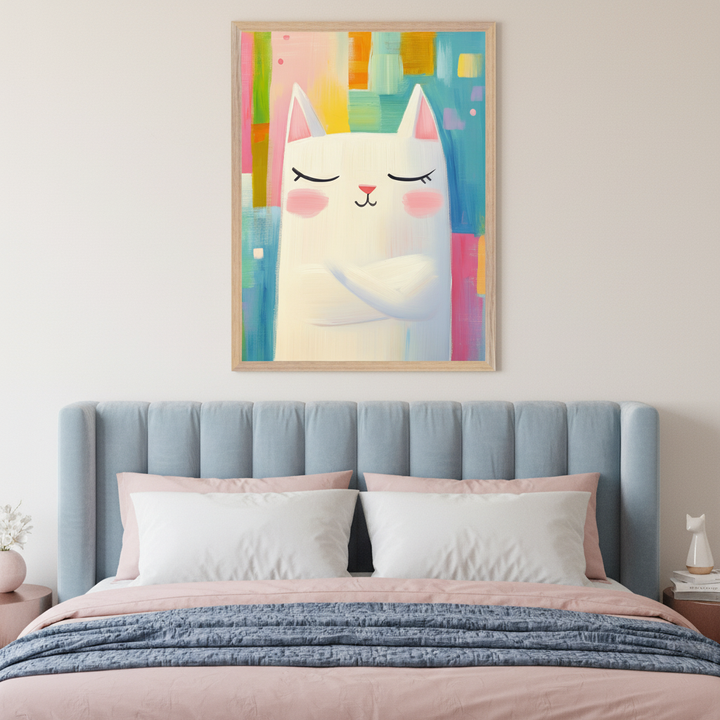 Modern living room with a grey sofa and a marble side table. A framed painting of a white cat with closed eyes and crossed arms against a colorful abstract background hangs on the wall above the sofa, to the left of the side table.
