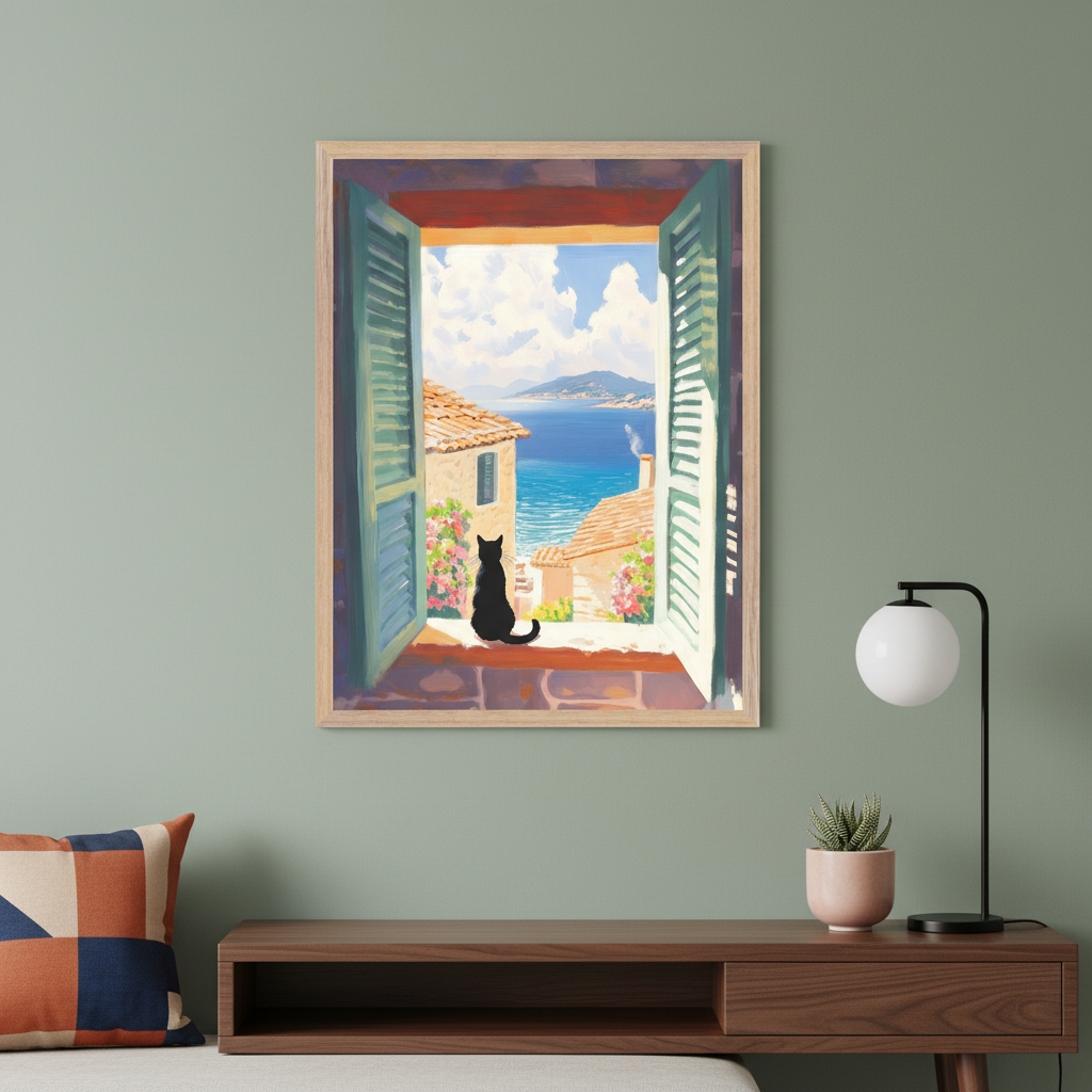 Modern living room with a sage green wall. A framed painting of a black cat on a window ledge, gazing at a coastal town and blue sea, hangs centered above a dark wood console table. A lamp, a plant, and a sofa with a geometric cushion are also visible.