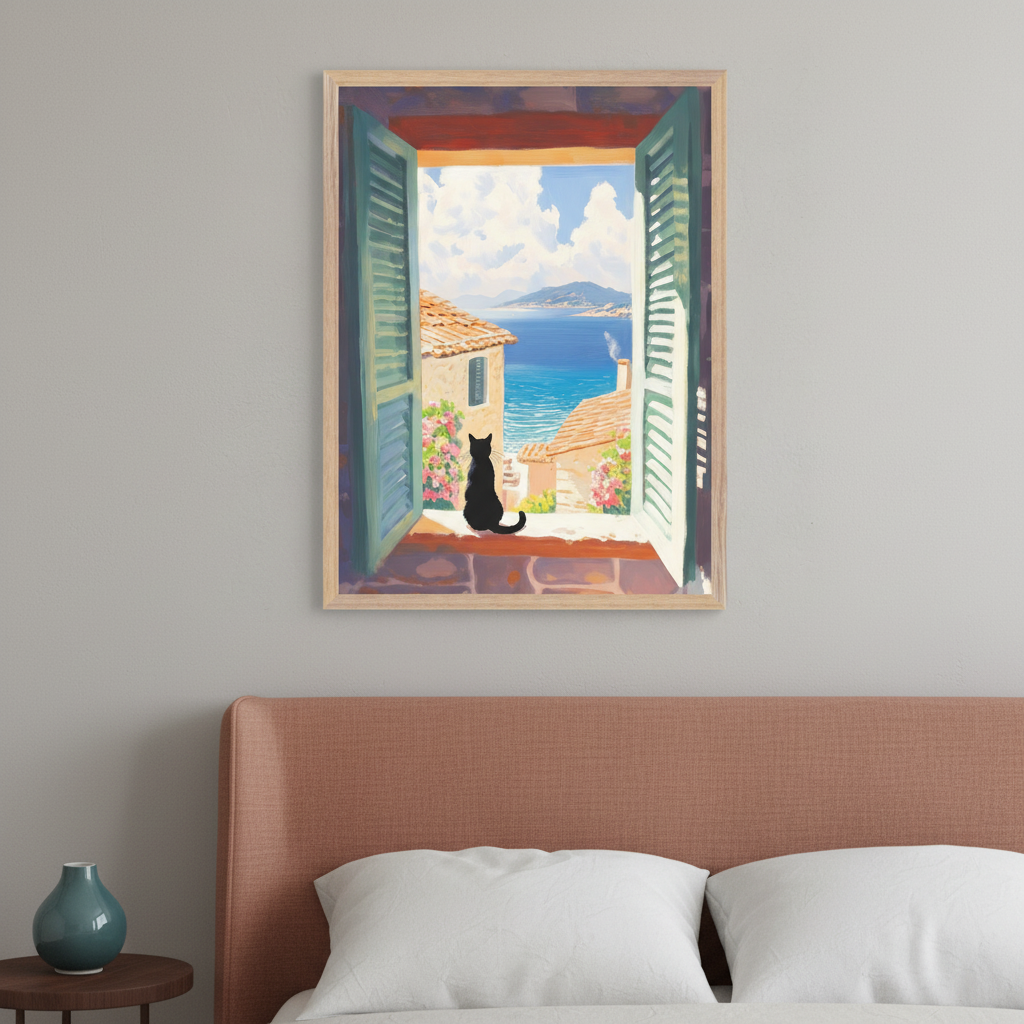 Modern bedroom with a salmon-colored upholstered bed. A framed painting of a black cat on a windowsill looking at a coastal village with a blue sea and mountains hangs centered above the bed. A teal vase sits on a round wooden side table.