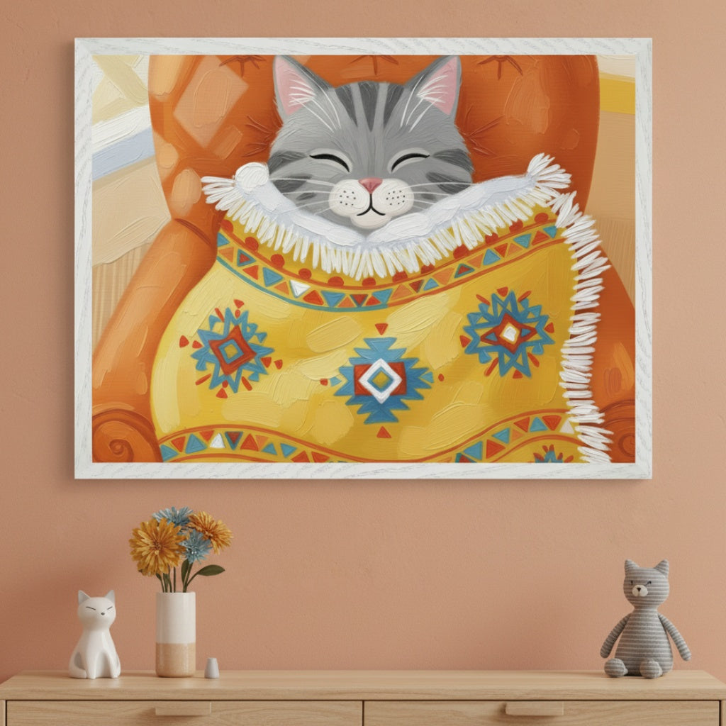 Modern room with a framed oil painting hanging centered above a wooden dresser. The painting depicts a sleeping gray tabby cat wrapped in a yellow geometric-patterned blanket, rendered in an oil painting style. On the dresser are a white cat figurine, a vase with flowers, and a gray stuffed cat toy.
