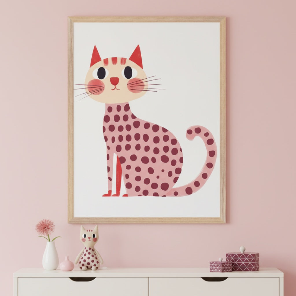 Modern kid's room with light pink walls. A large framed print of a cartoon pink cat with dark pink polka dots on a white background hangs centered above a white dresser. On the dresser are a flower in a vase, a cat doll, and decorative boxes.