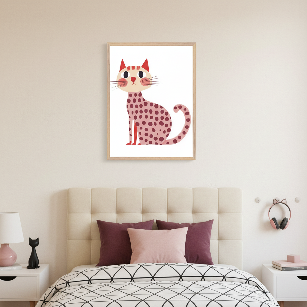 Modern kid's bedroom with a bed with a cream tufted headboard and white nightstands. A framed cartoon-style print of a sitting pink cat with darker spots and red ears hangs centrally above the bed.