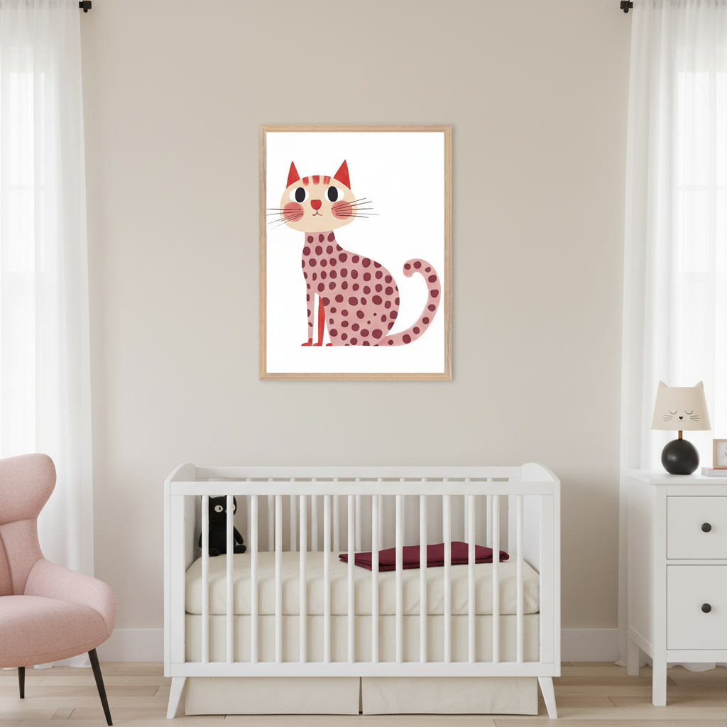 Modern nursery with a white crib, white dresser, and pink armchair. A light wood-framed illustration of a pink cat with red spots and stripes hangs centered above the crib. A cat-shaped lamp is on the dresser.