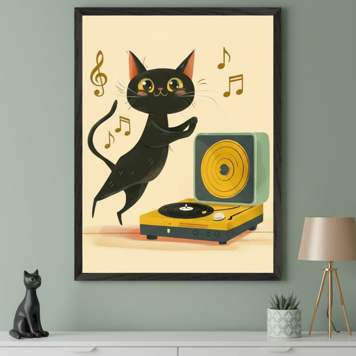 Modern room with a muted green wall and white console table. A large framed print in a whimsical cartoon style, depicting a black cat dancing next to a yellow record player with a mint green speaker and musical notes, hangs centered above the table. A black cat figurine, lamp, and small plant adorn the table.