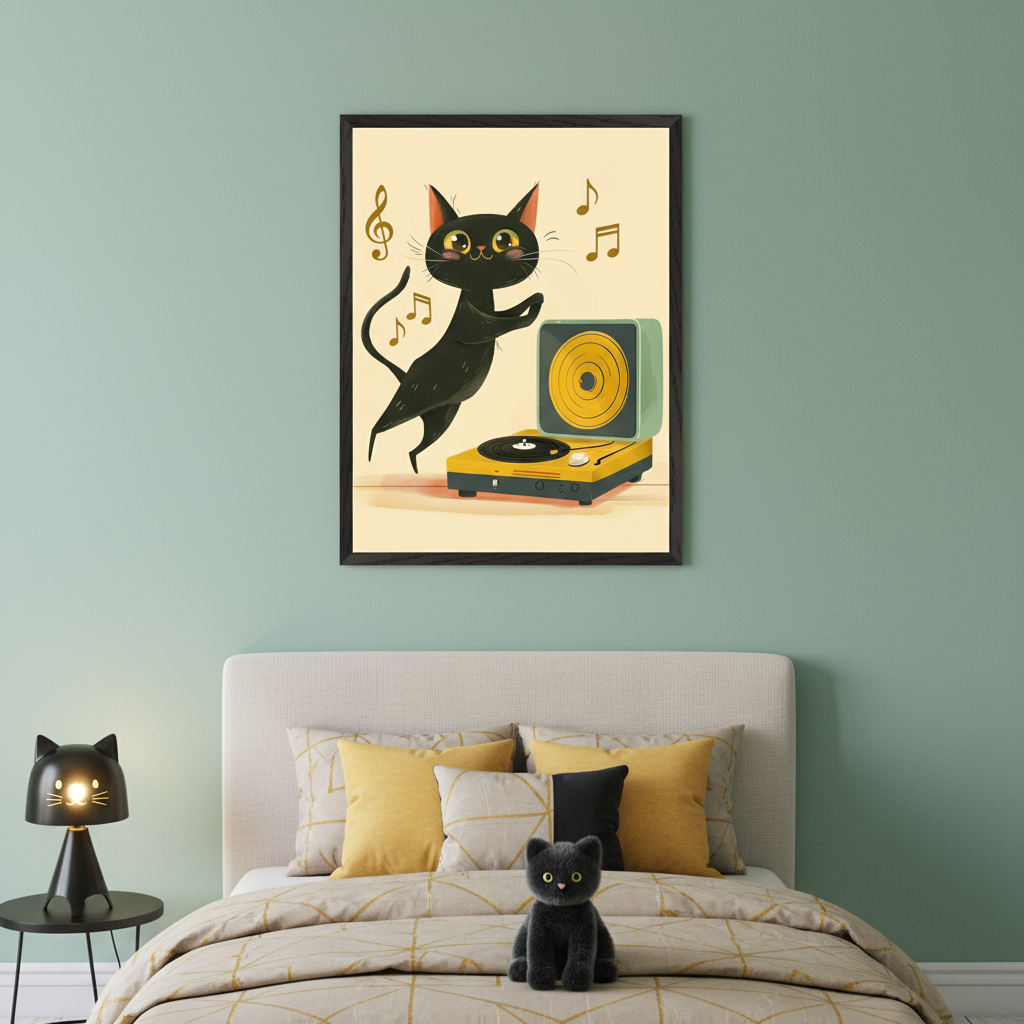 Kid's bedroom with a beige upholstered bed and black nightstand. A framed illustration of a dancing black cat next to a yellow record player with music notes hangs centered above the bed. A black cat lamp is on the nightstand, and a black cat plush toy sits on the bed.