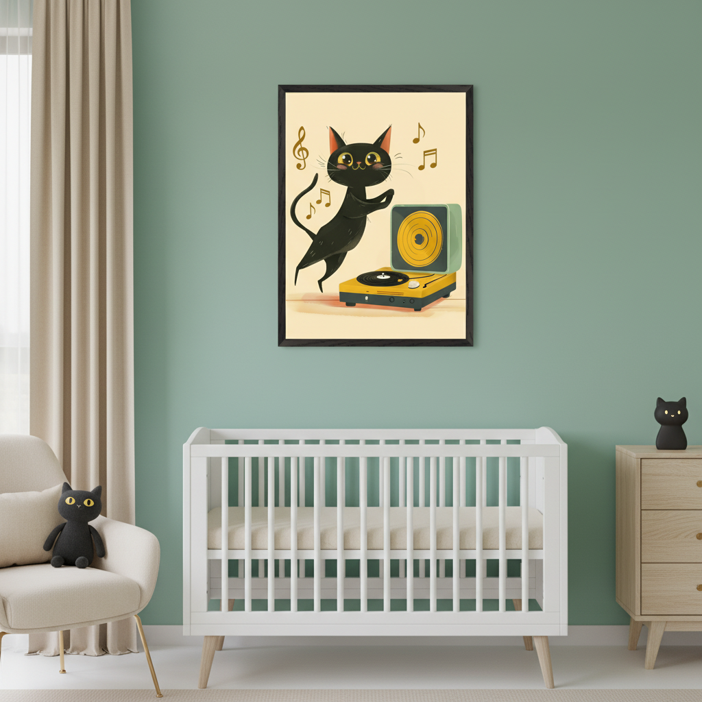 Modern nursery with a white crib against a green wall. A framed cartoon print of a black cat dancing next to a yellow record player with musical notes hangs centered above the crib.