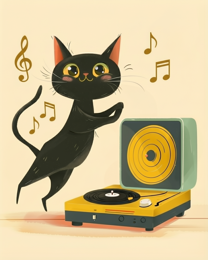 A cheerful cartoon black cat dances next to a vintage yellow turntable, with musical notes floating through the air. The bright, playful illustration radiates joy and love for music in a fun, kid-friendly style.
