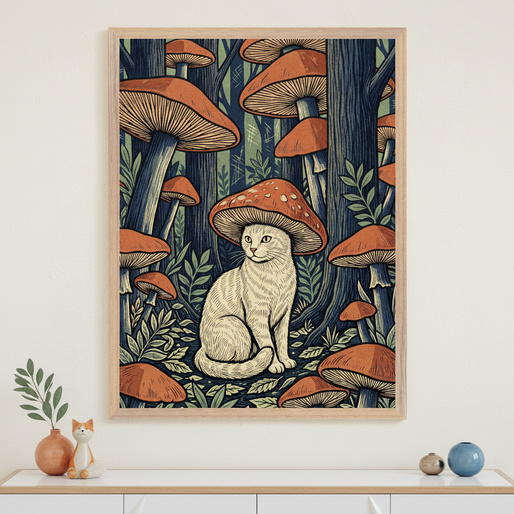 Little Mushroom Muse - Cat Framed Wall Art for Nursery, Playroom or Kids Bedrooms