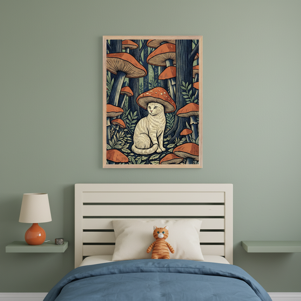 Kid's bedroom with a sage green wall. A framed illustration of a white cat wearing a mushroom cap, sitting among many red mushrooms, hangs centered above a white headboard bed with a blue duvet. Floating shelves serve as nightstands, one holding an orange lamp.