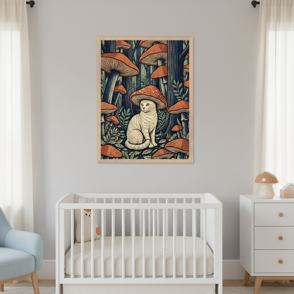 Modern nursery with a white crib and a light blue armchair. A framed print depicting a white cat wearing a mushroom cap, surrounded by a dense forest of orange-capped mushrooms in an illustrated style, hangs centered above the crib. A white dresser is on the right.