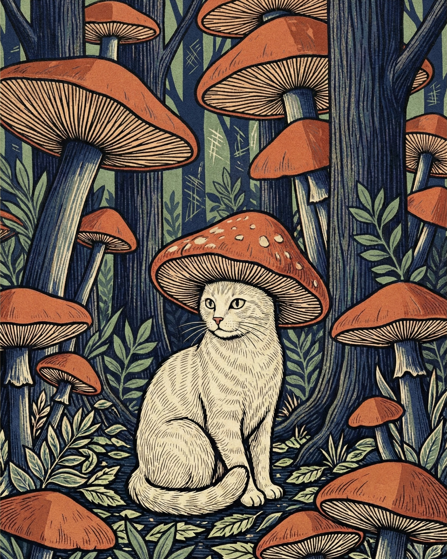 An illustrated white cat sits calmly in a dense forest filled with large red mushrooms, wearing one of the mushrooms as a hat. The detailed foliage and towering fungi create a magical, storybook atmosphere.
