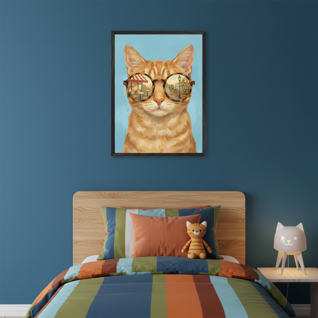Kid's bedroom with a wooden bed and colorful striped bedding against a blue wall. A framed painted portrait of a ginger cat in tortoiseshell sunglasses, reflecting a street cafe, hangs above the bed. A cat plush and lamp are on the nightstand.