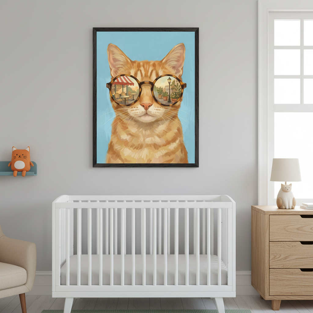 Modern nursery with a white crib, wooden dresser, and armchair. A large framed illustration of an orange tabby cat wearing tortoise-shell sunglasses reflecting a street scene hangs on the gray wall above the crib.