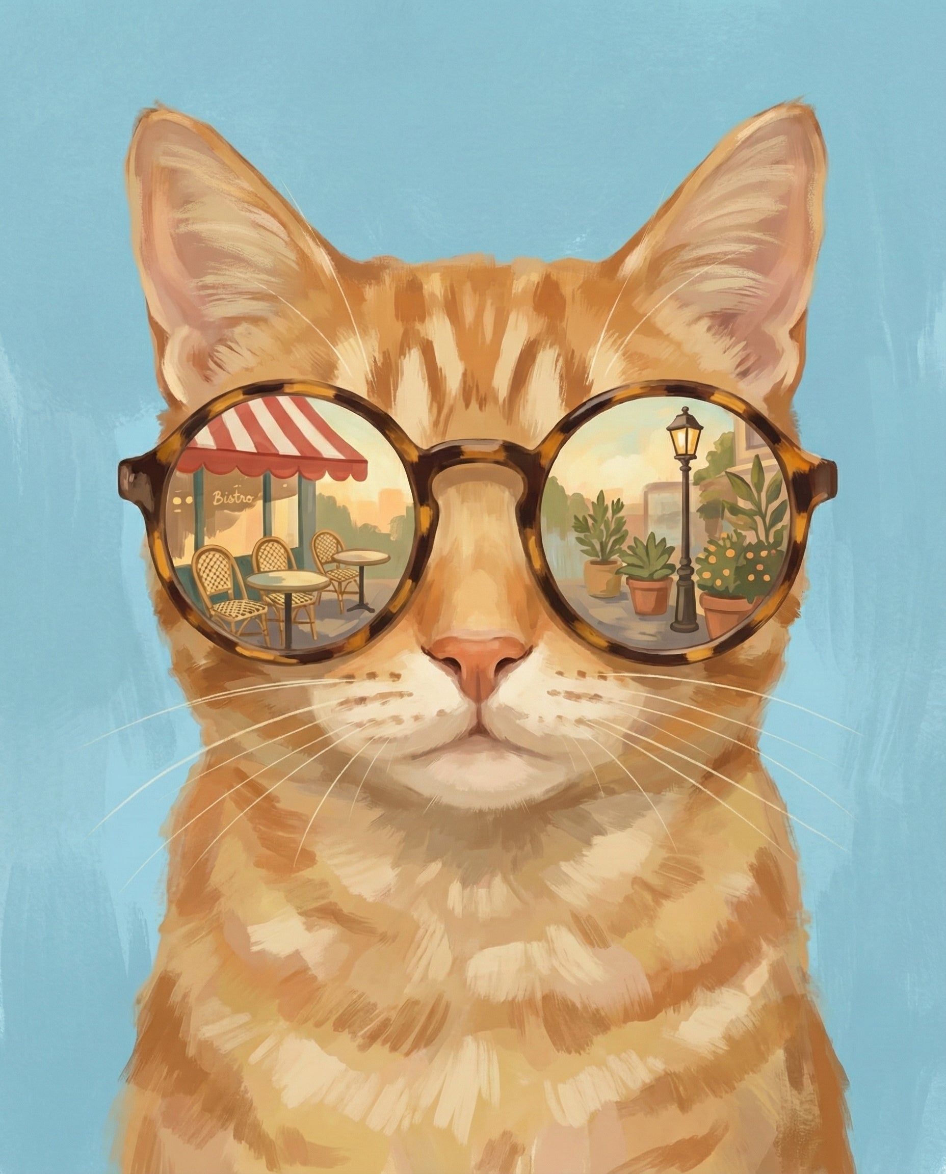 Whimsical illustration of an orange tabby cat wearing round sunglasses that reflect a cozy bistro patio with wicker chairs, plants, and a red-striped awning, combining feline charm with a touch of travel-themed wall art.
