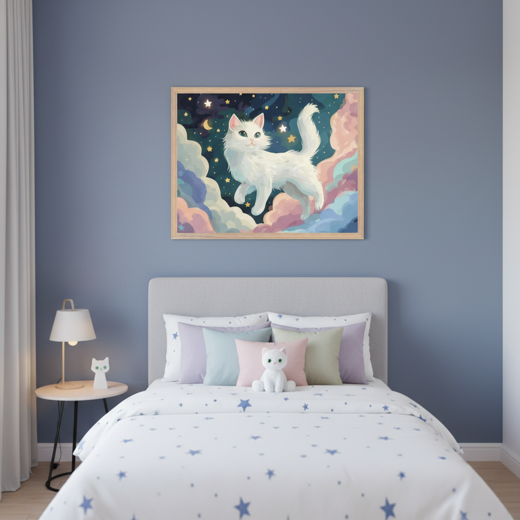 Kid's bedroom with a gray upholstered bed and star-patterned bedding. A large framed illustration of a white cat floating on colorful clouds under a starry night sky hangs centered above the bed.