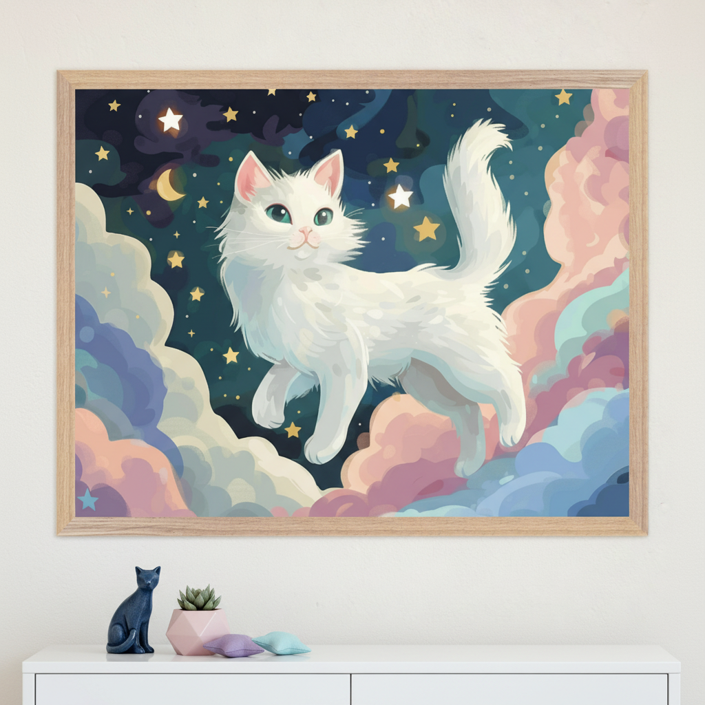 Framed artwork of a whimsical white cat with green eyes walking through a dreamy night sky filled with stars, clouds, and a crescent moon. The background blends deep blues, purples, and pastel pinks, creating a magical, surreal atmosphere.