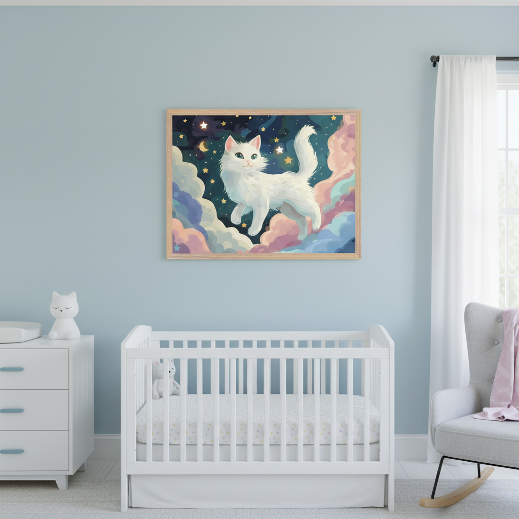 Modern nursery with a white crib, dresser, and gray rocking chair. A framed print of a white fluffy cat floating on colorful clouds and stars hangs centered above the crib.