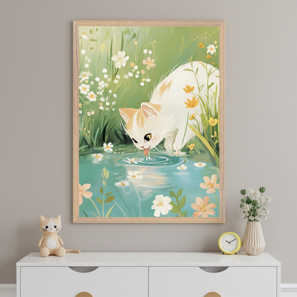 Kid's bedroom with a white dresser. A large framed print of a white and orange kitten drinking from a flower-filled pond hangs centered above the dresser. A plush cat, yellow clock, and vase are on the dresser.