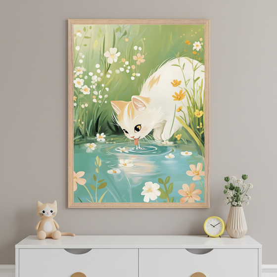 Kid's bedroom with a white dresser. A large framed print of a white and orange kitten drinking from a flower-filled pond hangs centered above the dresser. A plush cat, yellow clock, and vase are on the dresser.