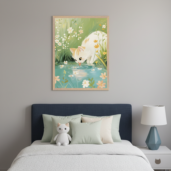 Kid's bedroom with a bed and dark blue headboard. A framed illustration of a white and tan kitten drinking from a pond with flowers and grass hangs above the bed. A white stuffed cat is on the bed, and a white nightstand with a teal lamp is to the right.