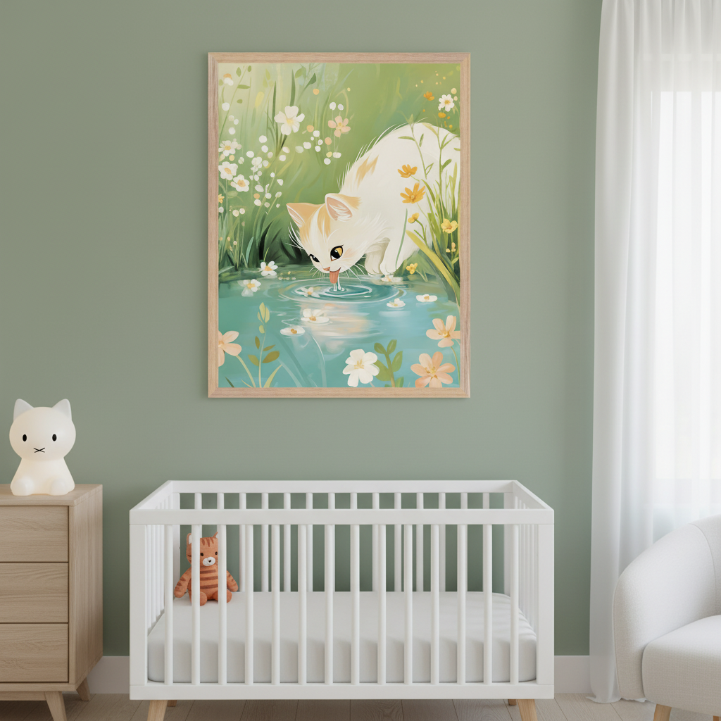 Modern nursery with a sage green wall. A framed illustration of a white and orange cat drinking from a pond with flowers hangs above a white crib. A wooden dresser is to the left, and a white armchair is to the right.