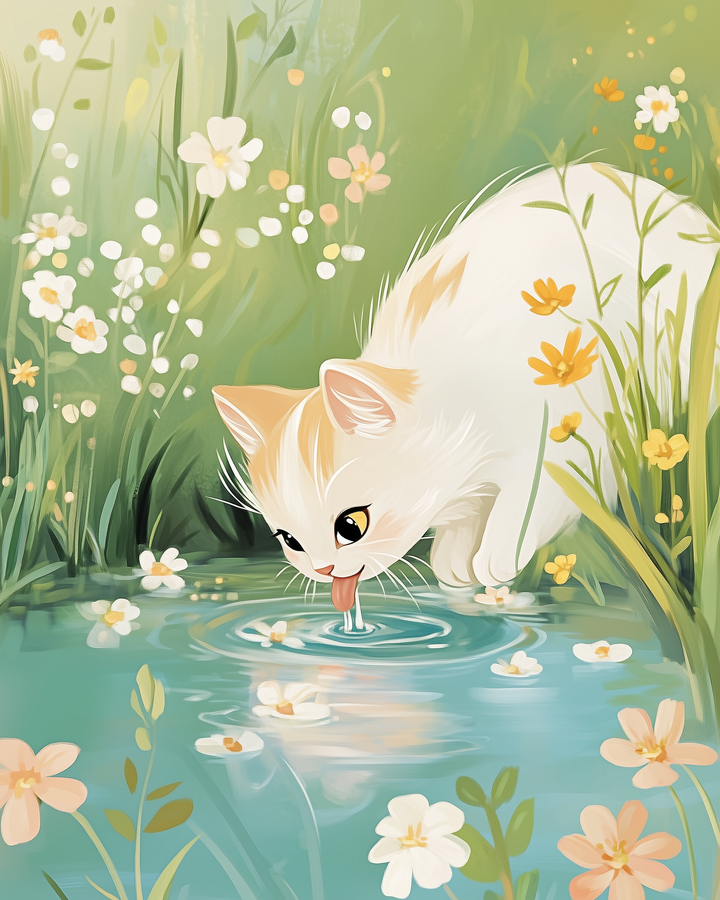 A white and orange cat delicately laps water from a small pond surrounded by lush green grass and a variety of blooming wildflowers, creating a serene and picturesque scene.