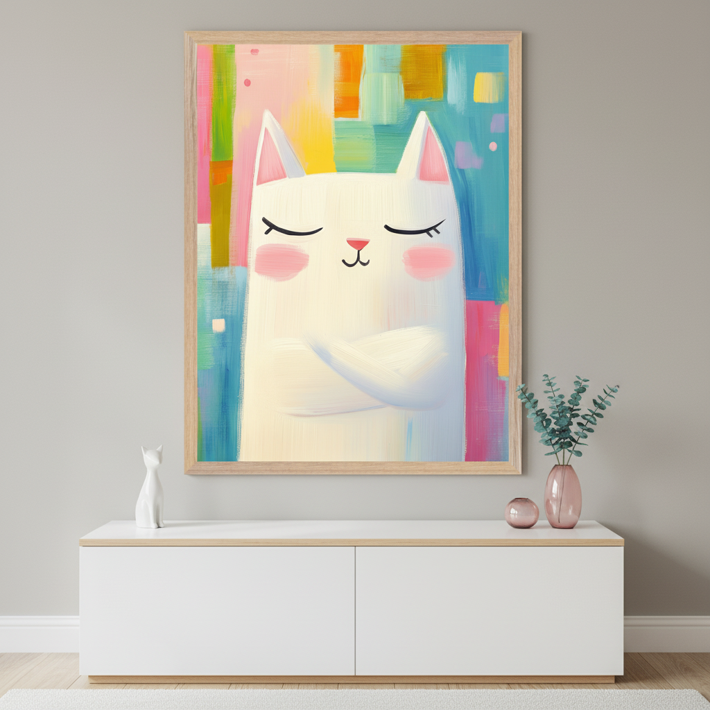 Modern room with a white console table. A large framed painting of a white cat with closed eyes, pink cheeks, and crossed arms, against a bright abstract background of color blocks, hangs centered above the table.