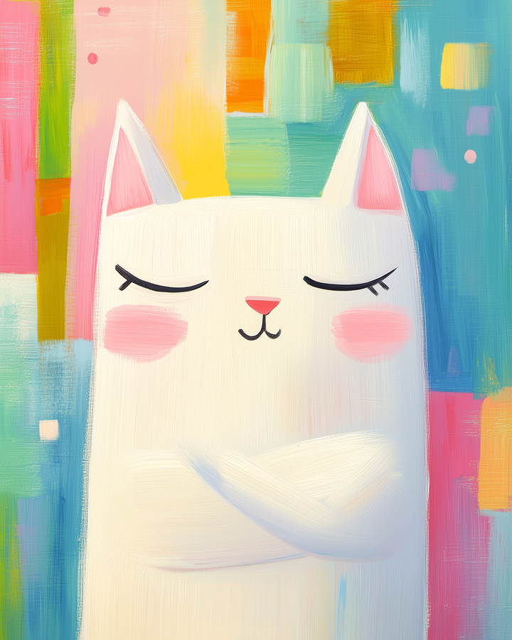 A dreamy illustration of a serene white cat with closed eyes and rosy cheeks, set against a colorful, abstract pastel background.
