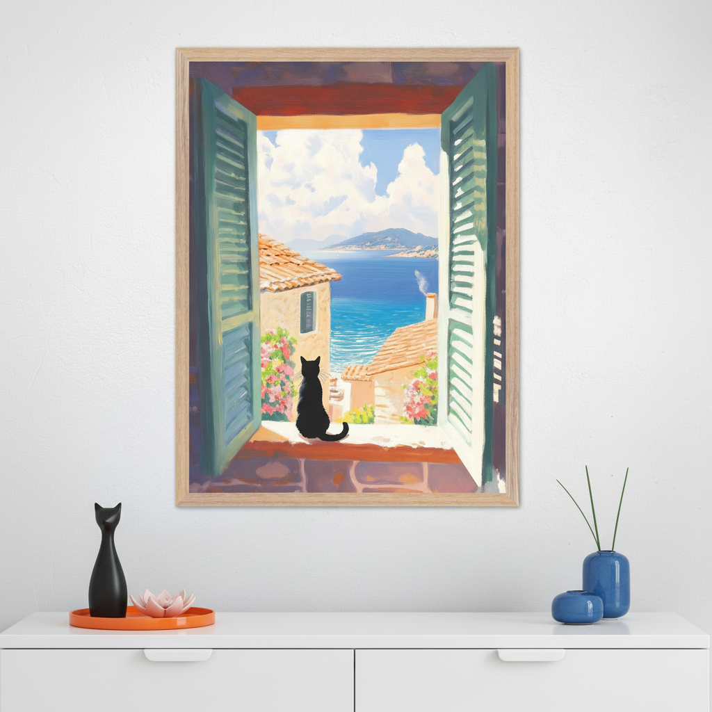 Modern room with a white dresser. A framed painting, centered above the dresser, depicts a black cat on a windowsill looking out at a coastal village, blue sea, and an island under a cloudy sky, framed by open green shutters.