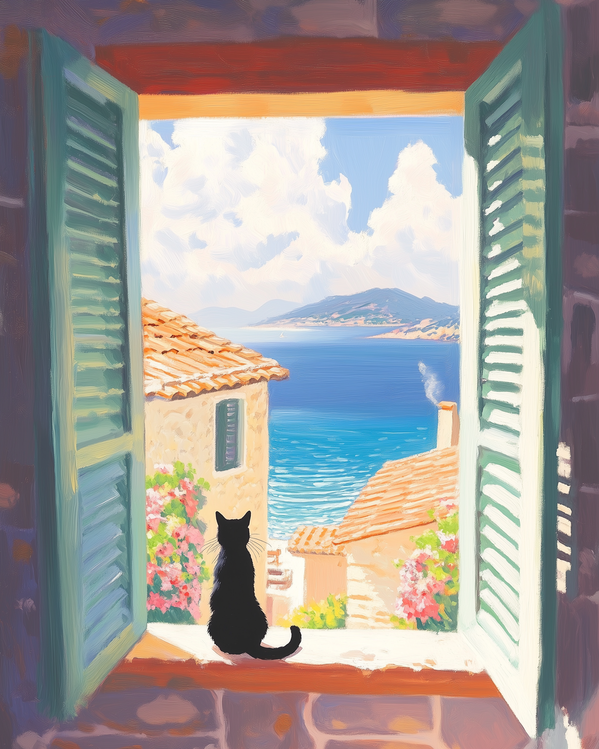 A black cat sits on a windowsill, gazing out at a picturesque coastal scene through open green shutters. The view includes terracotta rooftops, vibrant pink flowers, and a serene blue sea under a sky dotted with fluffy clouds.