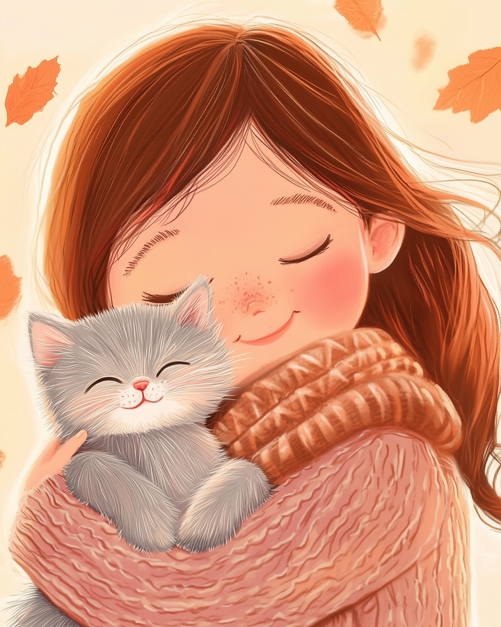 A charming illustration of a girl with closed eyes and a content smile, hugging a fluffy gray kitten. The girl wears a cozy, textured sweater, and autumn leaves gently fall around them, creating a warm, serene atmosphere.