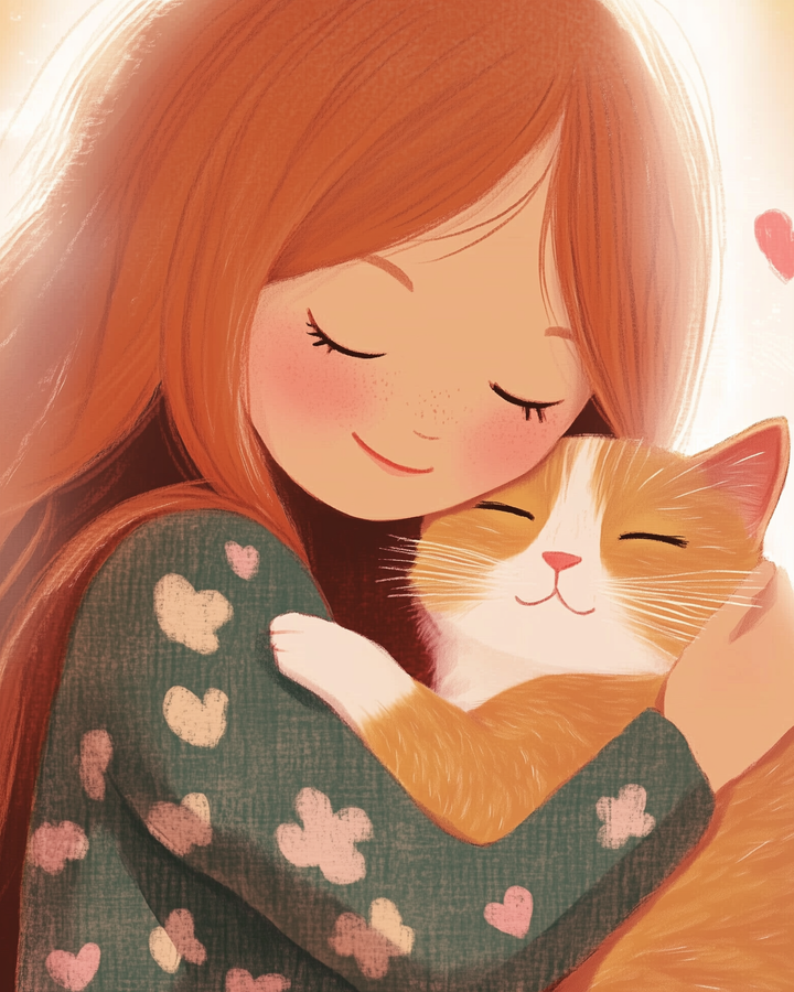 A charming illustration of a girl with long red hair hugging a content orange and white cat. The girl has her eyes closed and a gentle smile, wearing a green sweater with heart patterns. The cat also appears relaxed with its eyes closed, conveying a sense of warmth and affection.