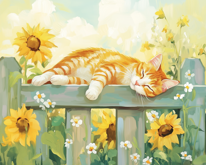A ginger cat peacefully sleeps on a pastel blue fence, surrounded by vibrant sunflowers and delicate white daisies under a sunny sky.