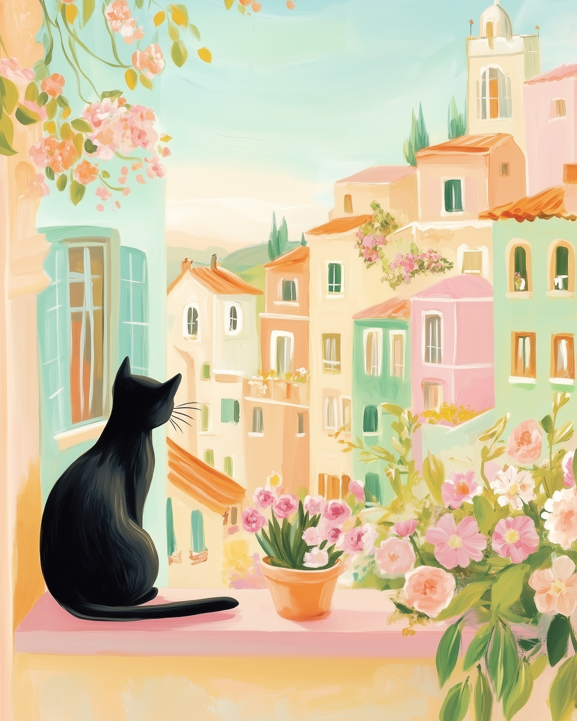 A black cat sits on a windowsill adorned with pink flowers, gazing at a picturesque village of pastel-colored buildings under a clear blue sky.