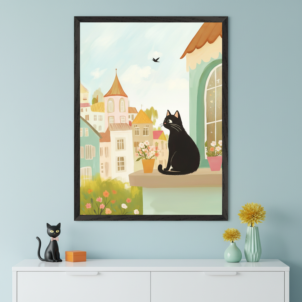 An illustration of a black cat sitting on a window ledge surrounded by potted flowers, gazing at a bird in the sky above a whimsical pastel-colored townscape, displayed above a white dresser with cat figurines and yellow flowers.