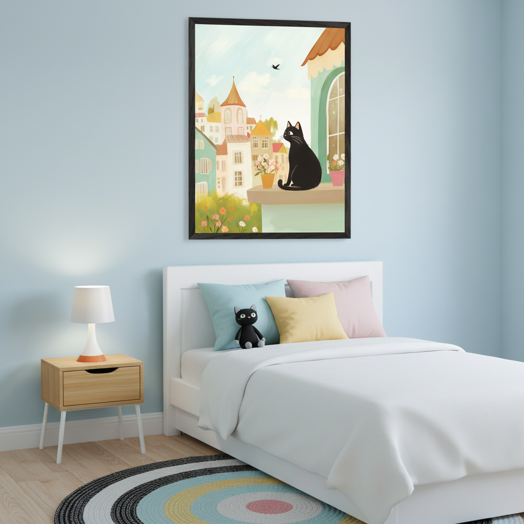Cheerful bedroom featuring a framed artwork of a black cat looking out over colorful rooftops from a windowsill, hung above a bed with pastel pillows and a matching black cat plush on the bedding.