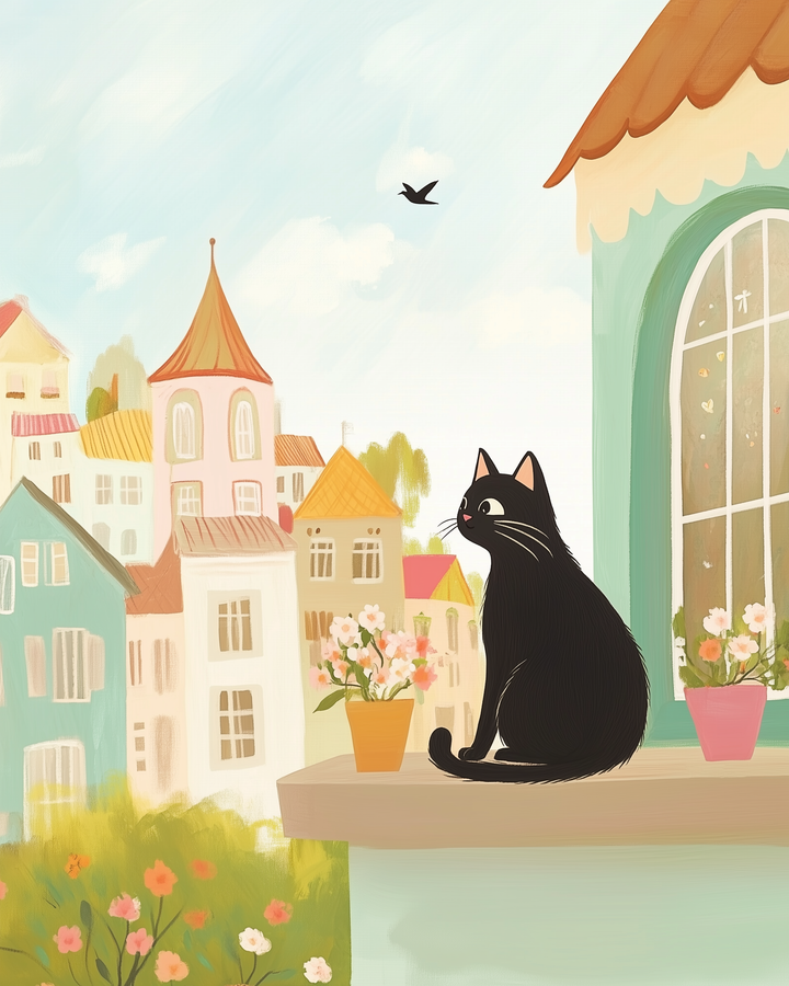 A whimsical illustration of a black cat sitting on a windowsill adorned with potted flowers, gazing at a bird flying in the sky. The background features charming, colorful buildings with a soft, pastel palette, creating a serene and picturesque scene.