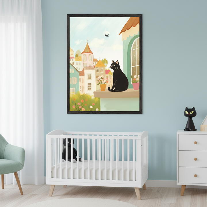Light blue nursery with a framed painting of a black cat watching a bird from a window ledge, surrounded by flowers and whimsical buildings, above a white crib with coordinating black cat decor on a nearby dresser.