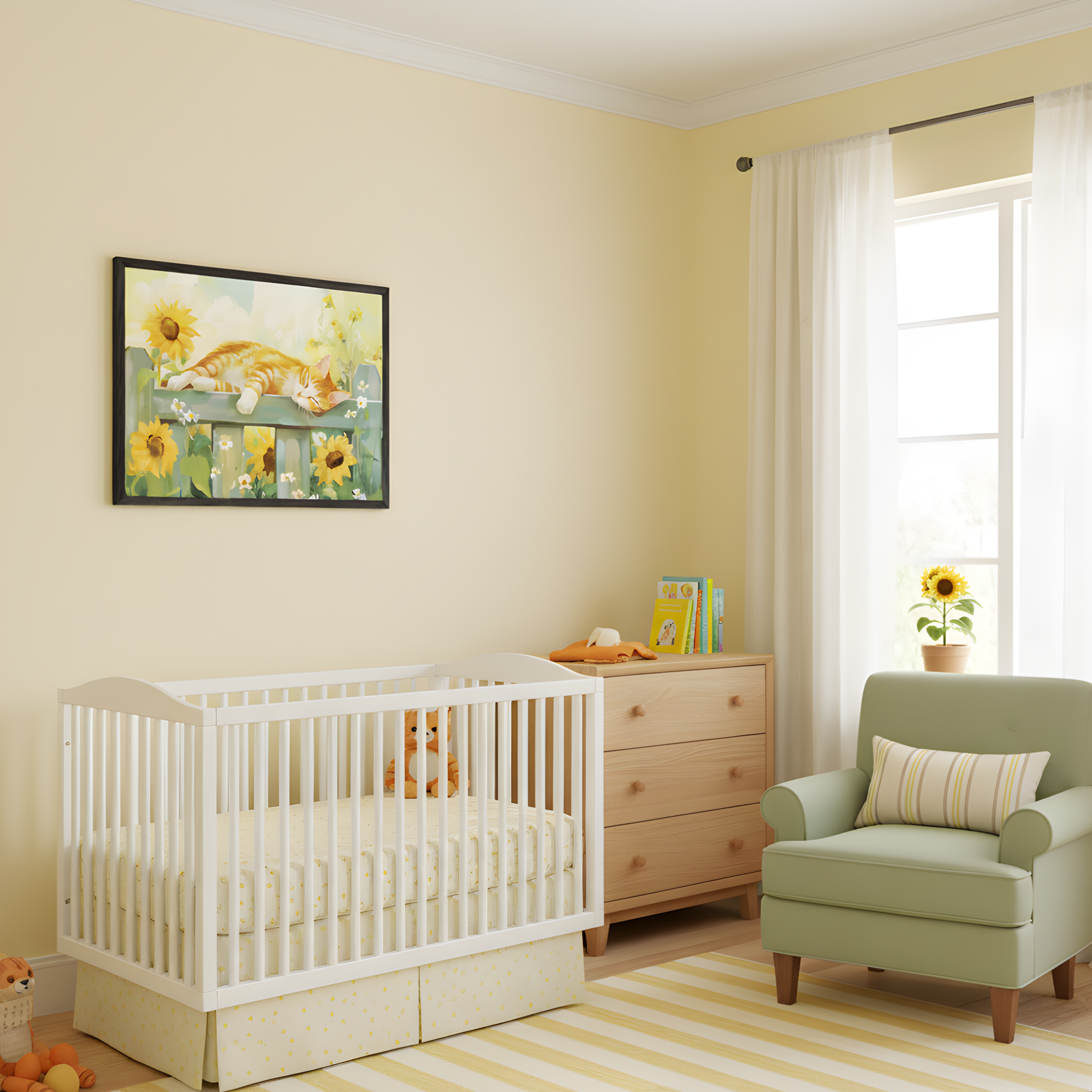 Soft yellow nursery featuring a framed painting of an orange tabby cat sleeping on a fence surrounded by sunflowers and daisies. The room includes a white crib, a wooden dresser with children’s books, a sage green armchair, and a striped yellow-and-white rug that ties the sunny theme together.