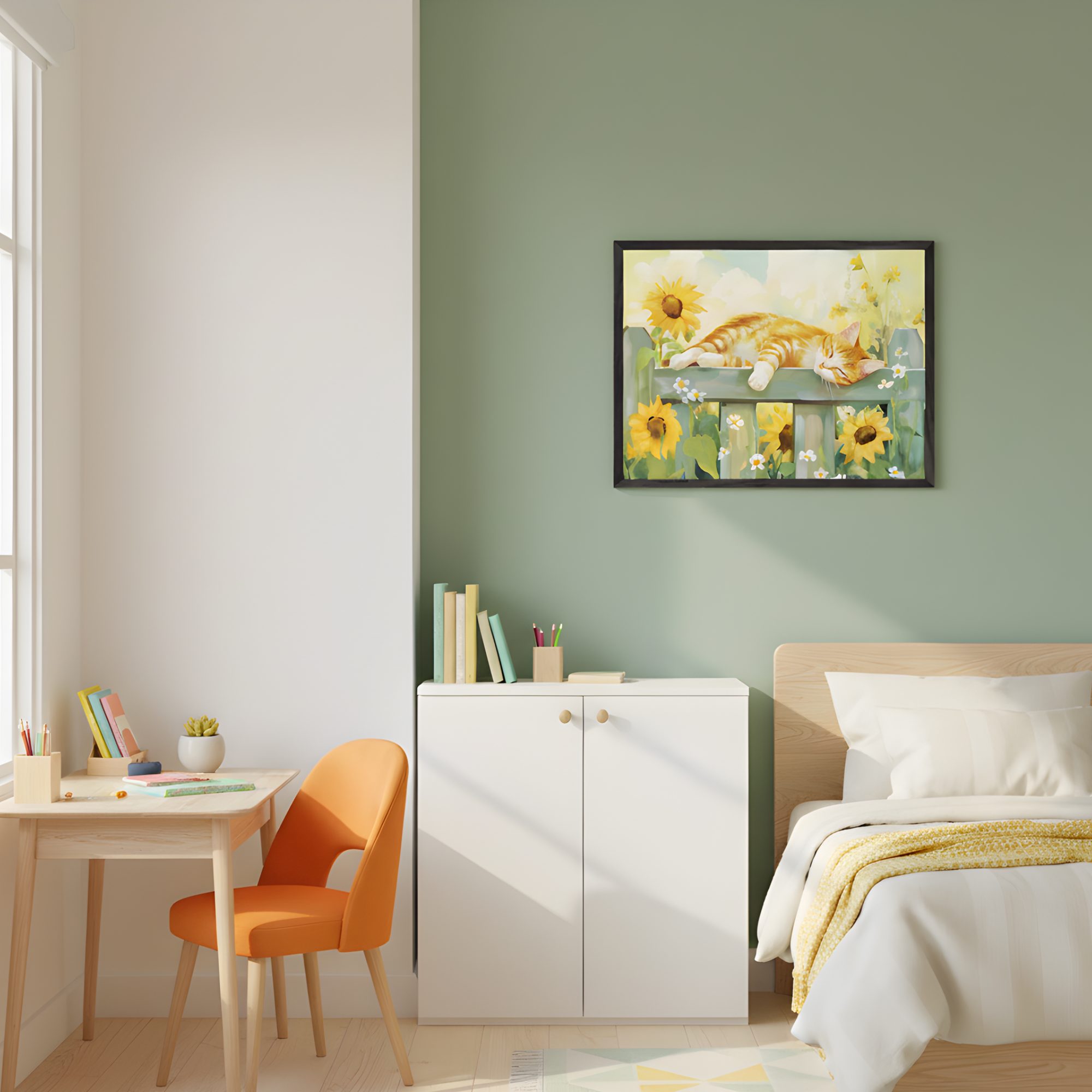 Bright and cheerful kids' room with a framed painting of an orange tabby cat sleeping on a fence among sunflowers and daisies. The space features a light wood bed with cozy white and yellow bedding, a small study desk with an orange chair, and a green accent wall that complements the sunny floral artwork.