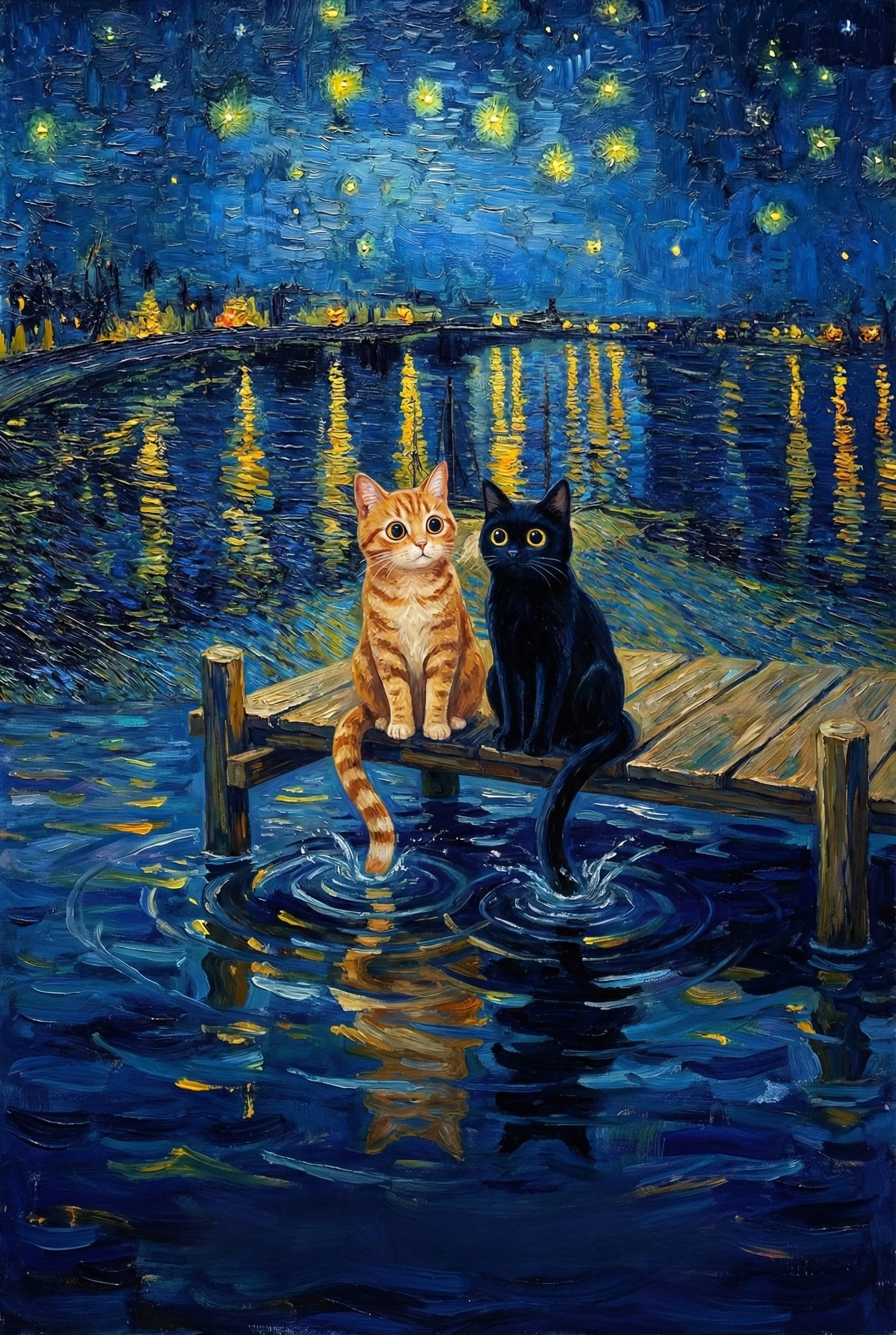 Whimsical painting of an orange tabby cat and a black cat sitting side by side on a wooden dock, gazing up at a starry night sky. The water reflects glowing city lights and stars, in a style inspired by Van Gogh’s “Starry Night Over the Rhône.”