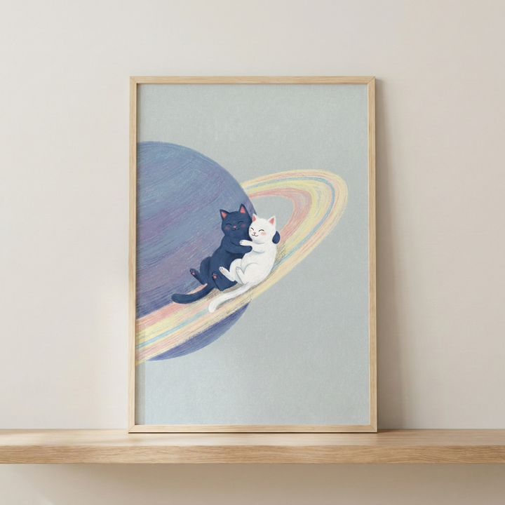 A framed illustration shows two cute cartoon cats, one black and one white, hugging each other while sitting on the multi-colored rings of a large, textured planet. The planet is colored in shades of purple and blue, and the rings feature soft pastel tones of pink, yellow, and blue. This whimsical artwork is set against a solid light-blue background. The piece is held in a simple, light-toned wooden frame and is displayed on a wooden shelf in front of a neutral-colored wall.