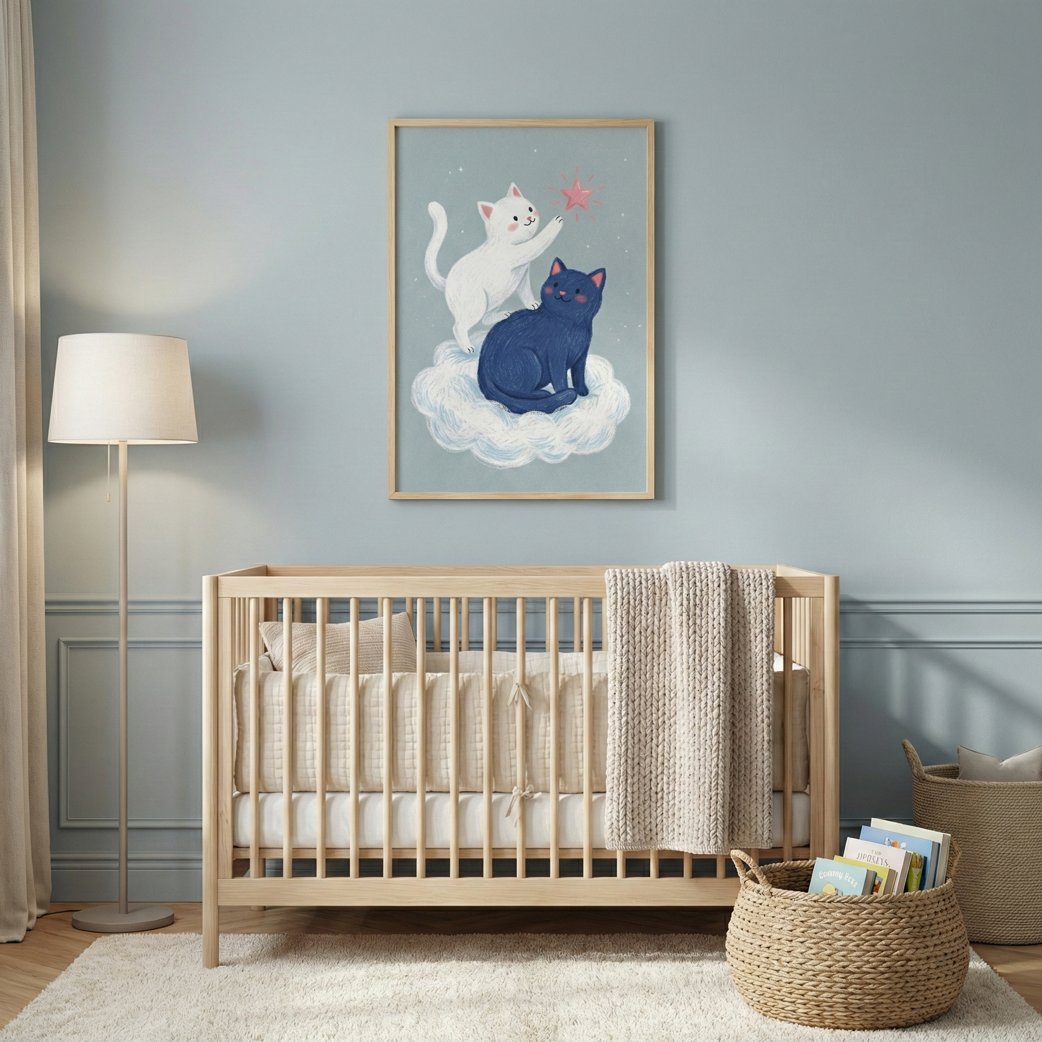 A cozy, modern nursery features a light-colored wooden crib set against a soft blue wall with classic molding. Above the crib hangs a framed illustration of two whimsical cartoon cats, one white and one dark blue, resting on a puffy white cloud. The white cat playfully reaches for a single pink star in a starry sky. A slender floor lamp with a minimalist cream shade stands to the left. A textured, cream-colored blanket is draped over the side of the crib, while a plush white rug covers the floor below. 
