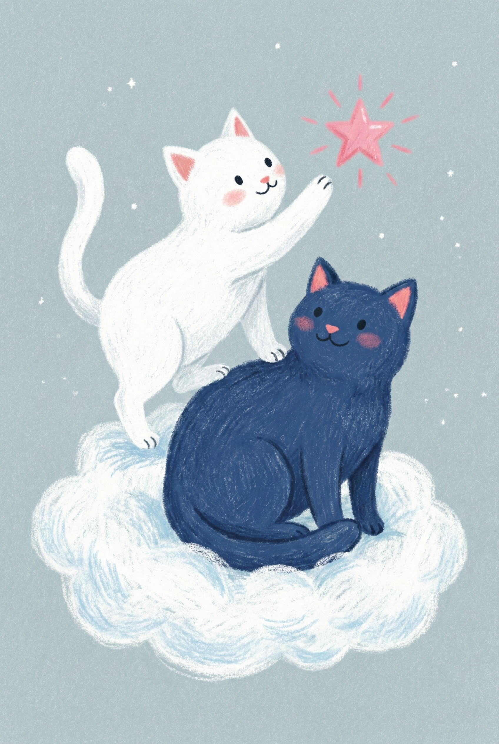 Playful drawing of a white cat standing on a fluffy cloud reaching up toward a glowing pink star. A dark blue cat sits beside it, both surrounded by tiny scattered stars.
