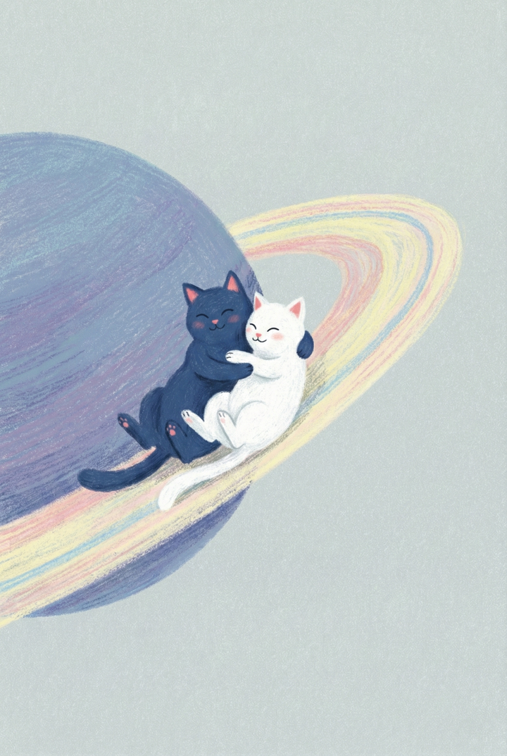 Sweet illustration of a blue cat and a white cat cuddling while sitting on the glowing ring of a large pastel planet. Their eyes are closed as they lean into each other against a softly shaded sky.

