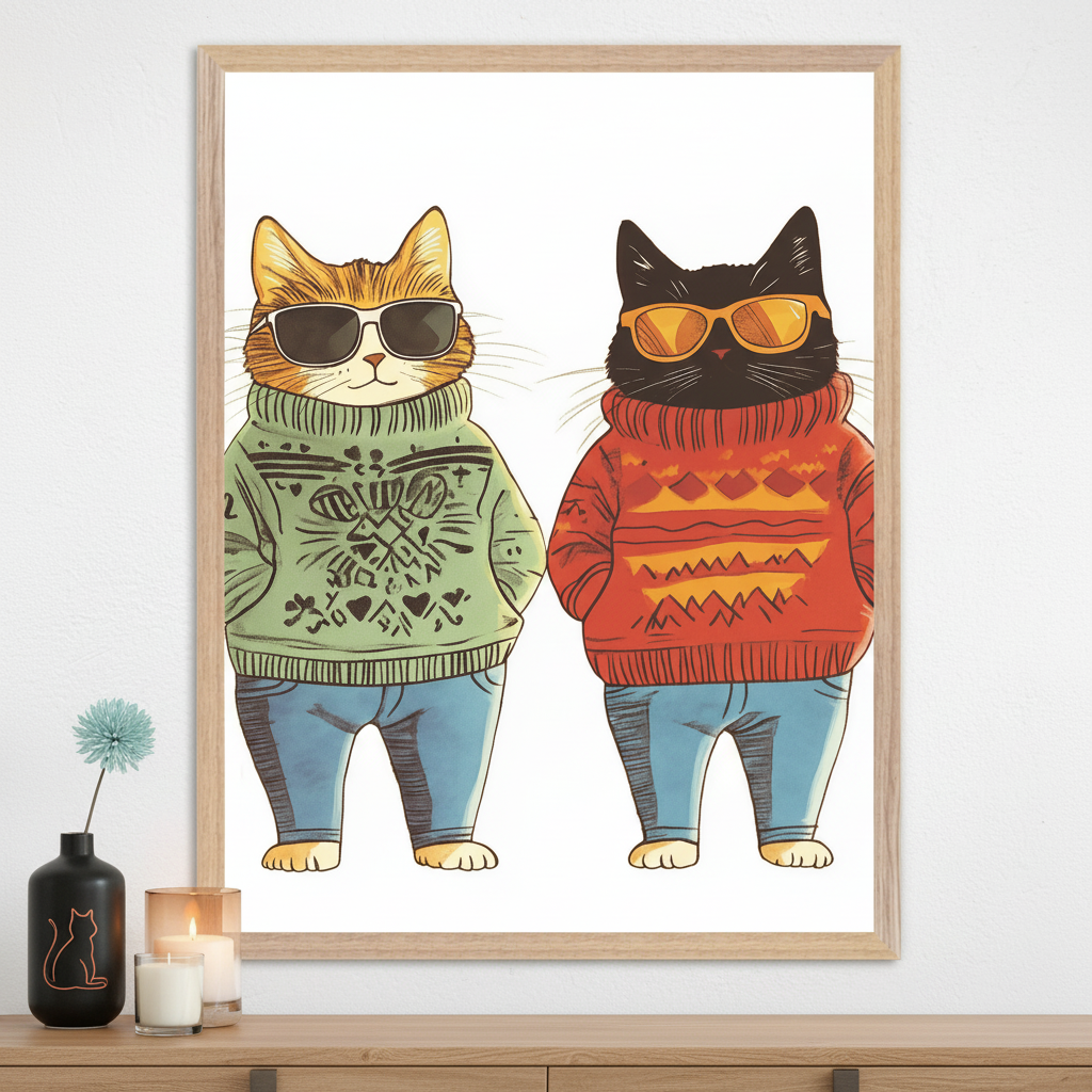 Modern room with a light wood console table. Centered above, a framed print shows two cartoon cats wearing sunglasses, sweaters, and jeans. The left cat is an orange tabby in green, the right is black in red. A black vase and candles are on the table.